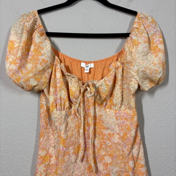 BP Small Crosshatch Yellow Orange Meadow Floral Milkmaid Short Sleeve Dress - Picture 4 of 10